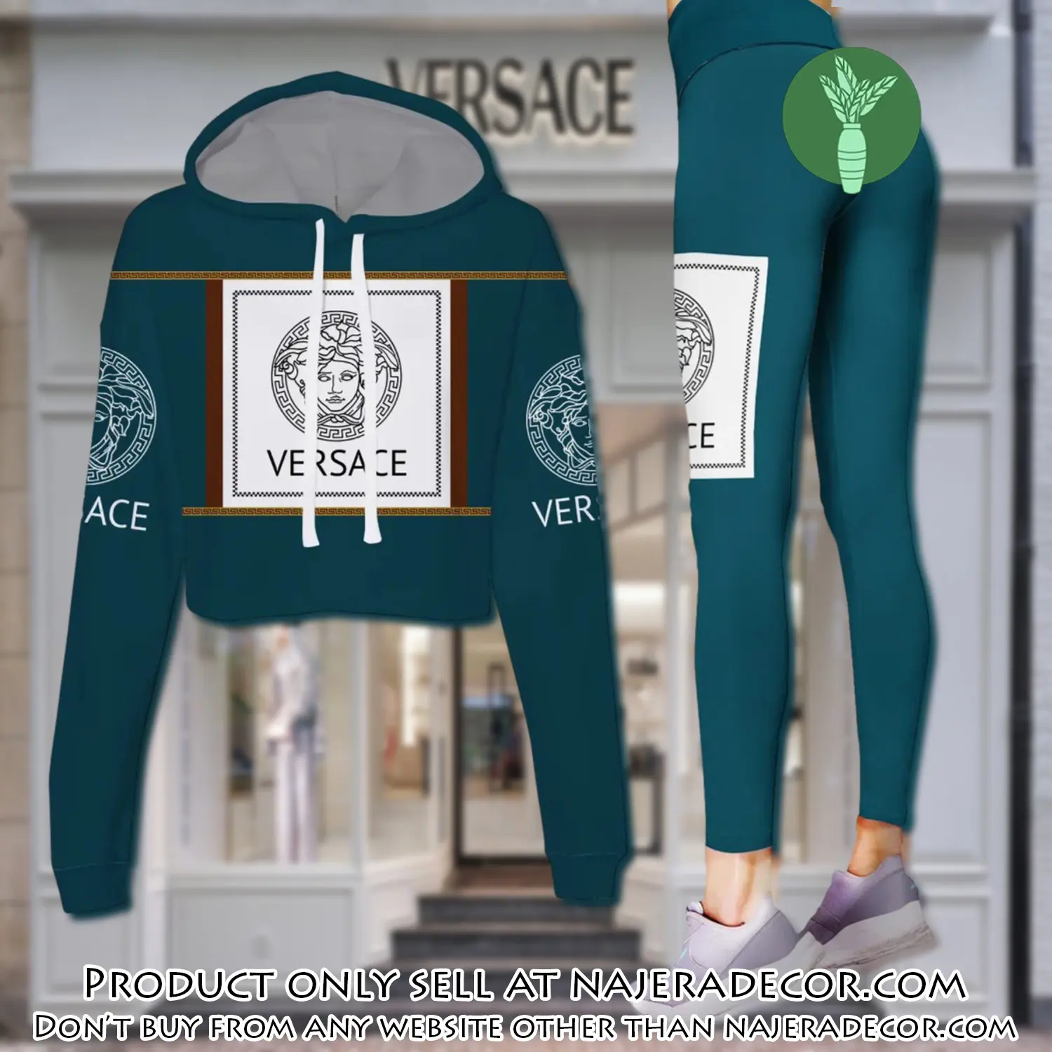 Versace teal color luxury brand clothes leggings and crop top set for women njr2645250